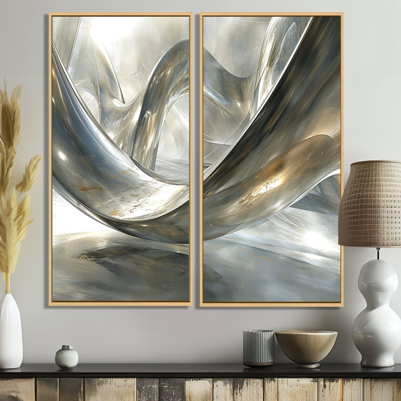 Diamond Silver Streams - Abstract Modern Waves Wall Art, 32" H x 32" W, Floater Framed Print, Cream