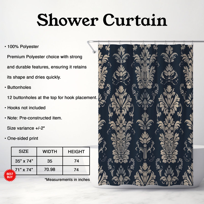 Victorian Designs - Rideau de douche standard 1 pièce, H 74 po x l 71 po