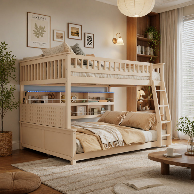 Lit double superposé au-dessus de grand lit double avec tablettes intégrées, lumières à changement de couleur et panneau perforé, beige