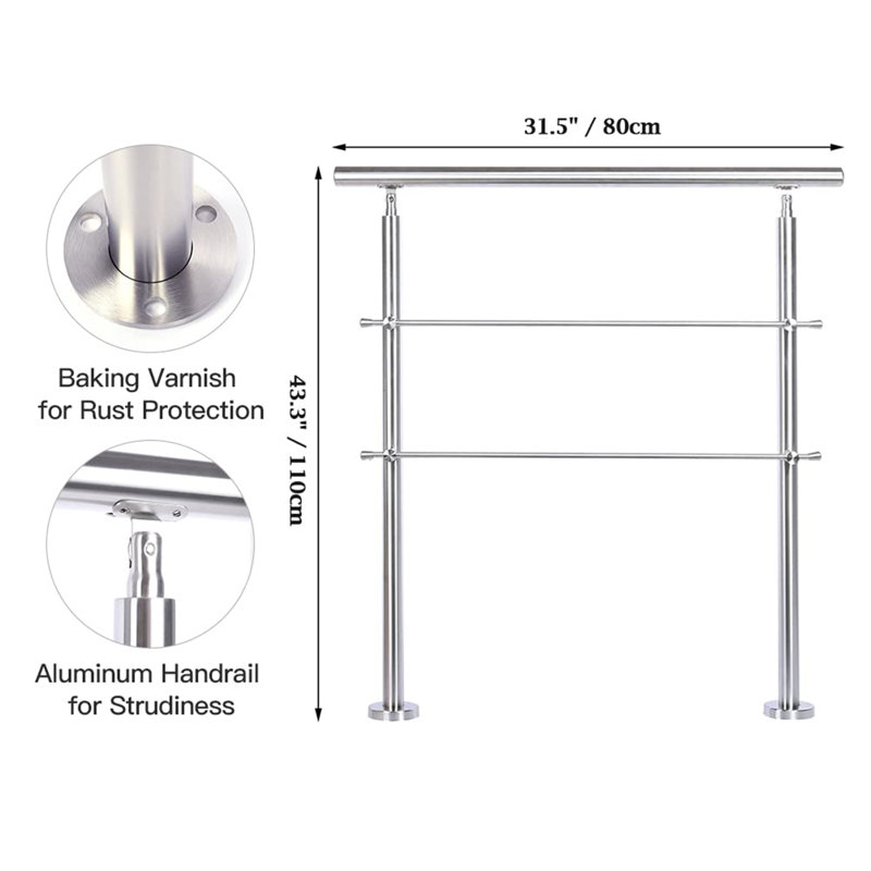 Step Railing Stair Railing Banister Stainless Steel Handrail Safety With 0/2/3 Cross Bars For Indoor Outdoor