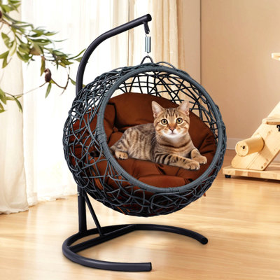 Lit à balançoire pour chat avec support et coussin, chaise à œufs pour chat avec aspect osier en rotin, lit à balançoire suspendu pour chats, petits chiens