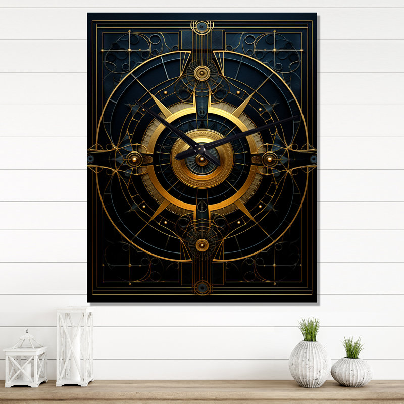 Ancienne boussole géométrique ancienne en or et bleu - horloge murale moderne abstraite, H 32 po x l 16 po x P 1 po