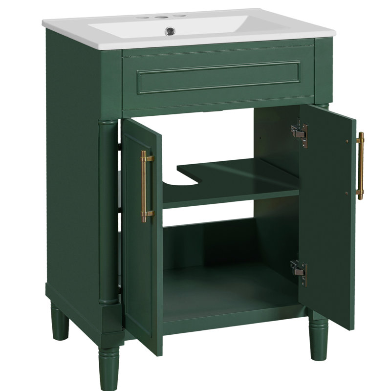 Meuble-lavabo de 24 pouces avec lavabo, armoire de rangement à 2 portes, compacte et élégante pour les petites salles de bain, rangement spacieux, tablette réglable, évier demi-lune idéal