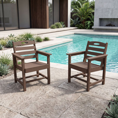 Set of 2 HDPE Patio Dining Chairs with Armrests All-Weather Breathable Slatted Outdoor Armchairs