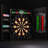 Electronic dartboard set in a gray cabinet with digital LED scoring displays and integrated dart storage.