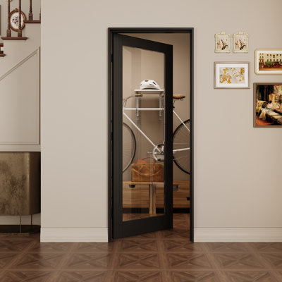 Intérieur 1-Lite cadre noir et porte en verre transparent, porte pré-montée en panneau de fibres à densité moyenne CARB P2 avec verre trempé SGCC, avec trousse de joint, bande d'étanchéité, charnières noires et ouverture à gauche, pré-fini et résistant aux rayures, garde-manger, chambre à coucher, salle de bain et garde-robe , 28 po x 80 po