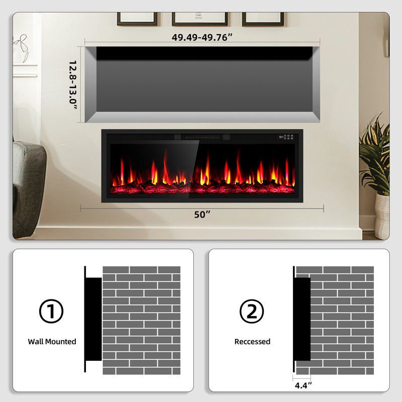Recessed or Wall Mounted Electric Fireplace Heater, Touch Screen & Remote Control, 12 Flame Colors, 8H Timer