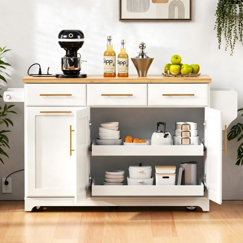 59.3" Rolling Kitchen Island With Rubber Wood Drop Leaf, 2 Pull-Out Organizers, Trash Can Storage, Power Outlet, Spice & Towel Rack For Kitchen & Dining