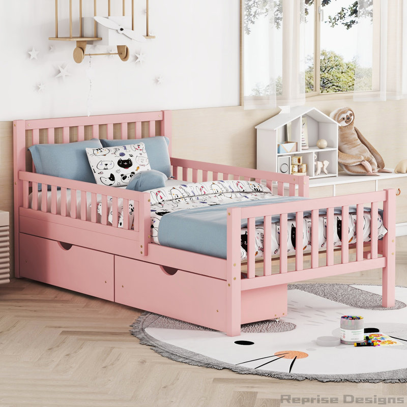 Lit plateforme avec garde-corps et tiroirs de rangement, Twin, Pink