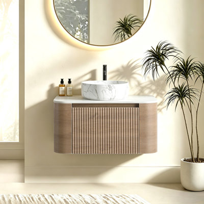 Meuble-lavabo de 30 po avec lavabo, armoire murale en chêne miel avec porte-serviettes gratuit, conception de lavabo simple en céramique de Carrare blanc, sans drain et robinet, pré-assemblé