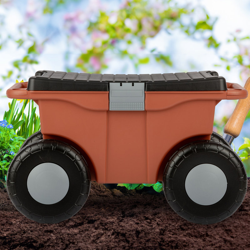 Rolling Garden Cart with Seat - Plastic Storage with Bench and Interior Tool Tray - Gardening Stool for Weeding and Planting by Pure Garden