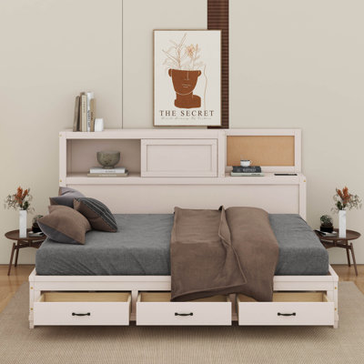 Full Size Wooden Daybed With 3 Storage Drawers, Upper Soft Board, Shelf, And A Set Of Sockets And USB Ports by Latitude Run