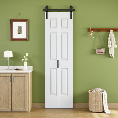 Closet style 84''H Paintable 6 Lattice Shapes Interior Bi-Fold Barn Door With Installation Hardware Kit