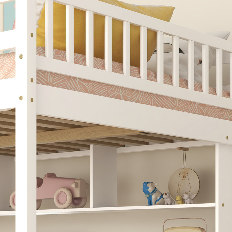 Kids Full Solid Wood Loft Bed With Built-In Desk And Storage Staircase, Blanc