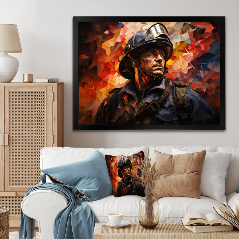 Portrait de pompier I sur toile, Cadre simple noir, H 16 po x l 32 po x P 1 po