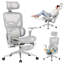 Chaise de bureau ergonomique en filet gris avec soutien lombaire à 3 zones, accoudoirs 6D et appui-tête 3D, dossier à 5 niveaux de hauteur et repose-pieds