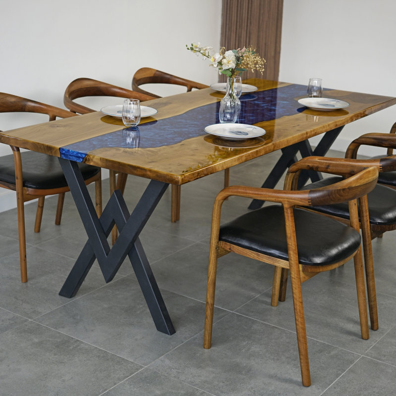 Table de salle à manger Joncarlos Contemporary Craftsmanship The Wood and Epoxy River, Bleu / brun