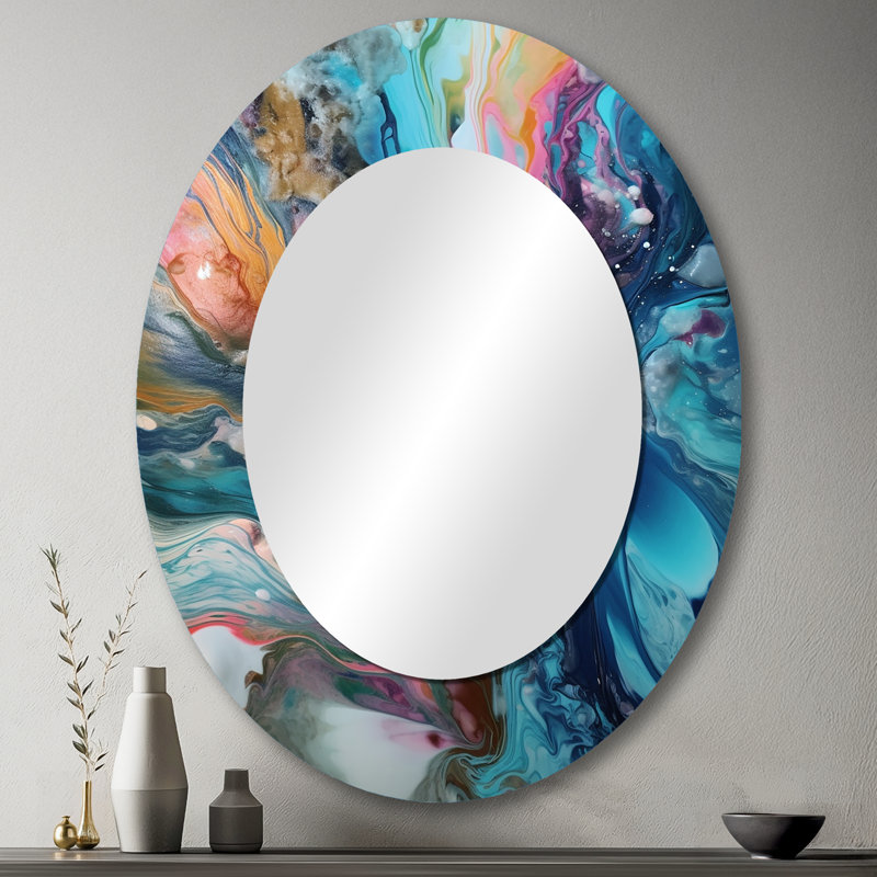 Teal Pink Aqua Symphony - Modern Oval Wall Mirror, 43" x 33"