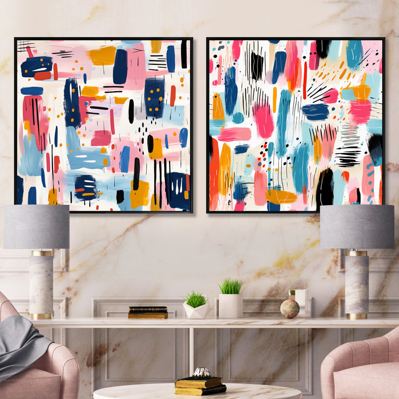 Paint Stripes Playfull Harmony - Ensemble de 2 collages carrés abstraits, Cadre flottant noir, H 36 po x l 73 po