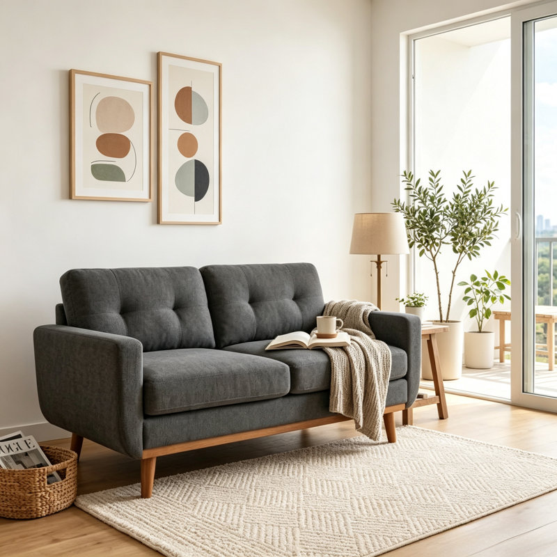 Canapé 2 places 165 cm en similicuir gris foncé, pieds en bois massif et tissu respirant, Dark Grey Chenille