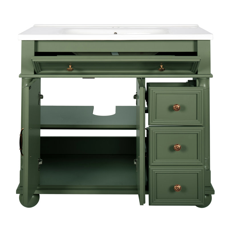 Meuble-lavabo de salle de bain de style milieu du siècle avec base à colonnes romaines, rangement haut de gamme et design étanche de style médiéval de 91 cm (36 pouces), installation facile intégrée