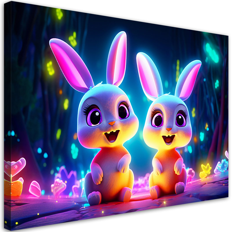 Mural, Cartoon Bunny Neon - No Frame Print on Canvas, 80cm H x 120cm W