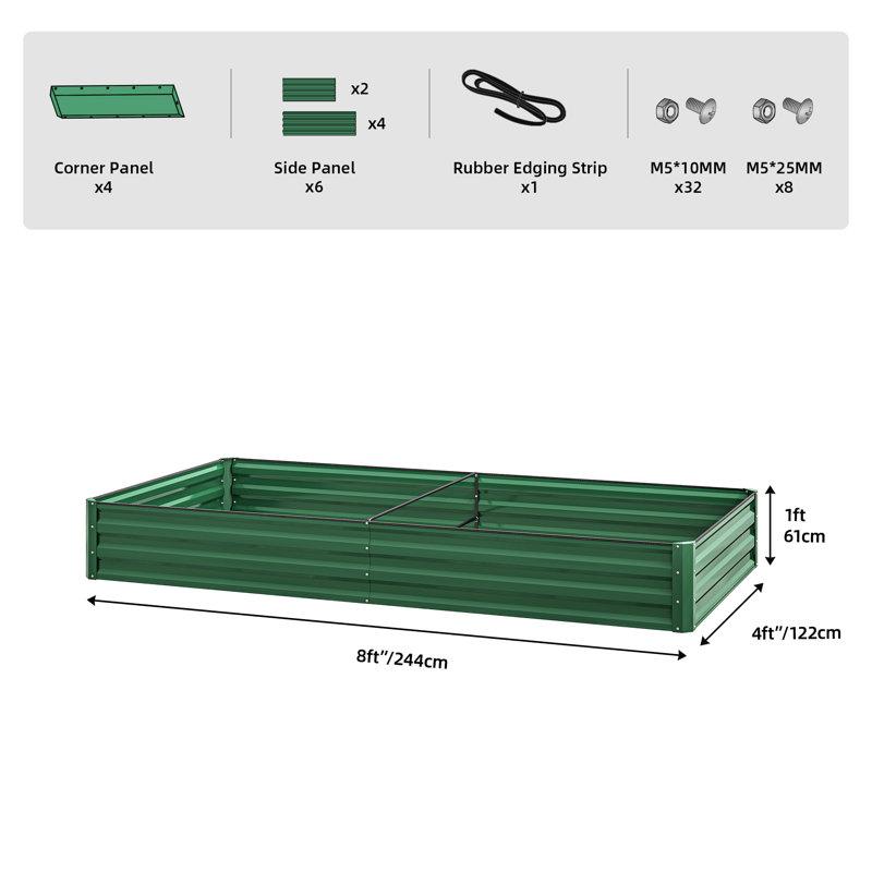  Green Metal Raised Garden Bed, 12" H x 96" W x 48" D