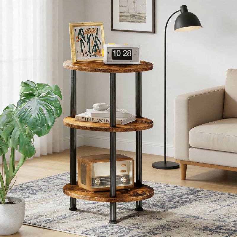 3-Tier Round Side Table For Small Spaces, Rustic Accent Table With Spacious Shelves, Sturdy Steel Frame For Living Room, Bedroom, Or Office