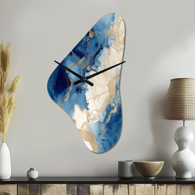 Blue and Gold Marble Clouds X - Fractals Asymmetrical Metal Clock, Blue Unique Shape Metal Clock Print