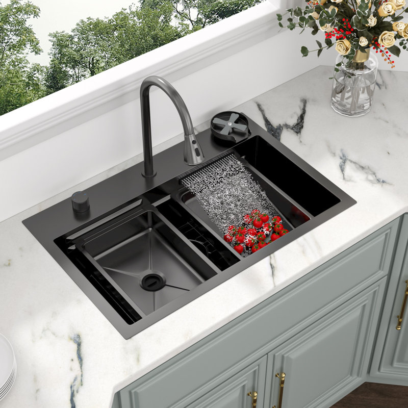 31'' L x 20'' W Nano Titanium Stainless Steel Kitchen Sink with Waterfall Faucet & Workstation Accessories, Gunmetal Black