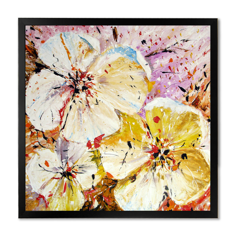Fleurs jaunes grunge - reproduction d'art sur toile traditionnelle, Cadre photo noir, H 16 po x l 16 po x P 1 po