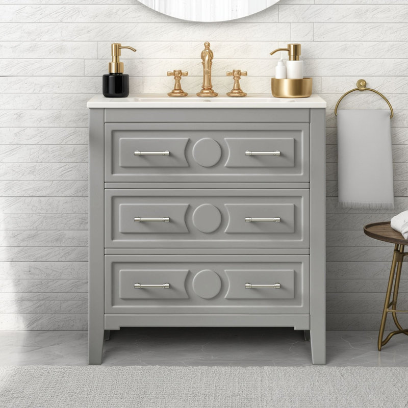 Meuble-lavabo gris de 30 po: conception à une seule unité autoportante, cadre de rangement en bois massif + lavabo en céramique avec 3 tiroirs