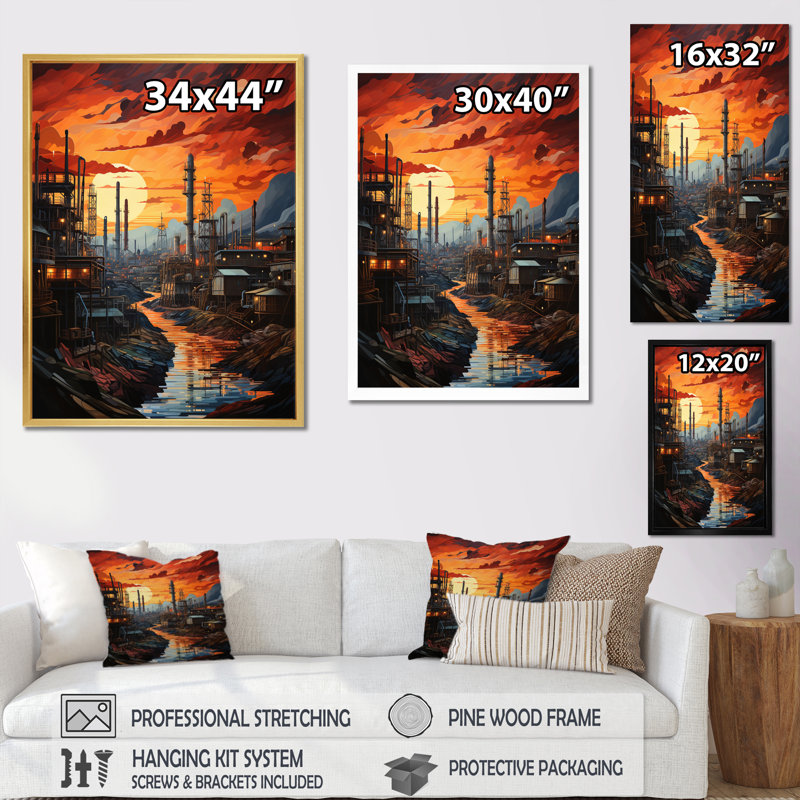Semarang " Orange Oil Rigs Oil Odyssey ", 20" H x 12" W x 1" D, White Floater Framed