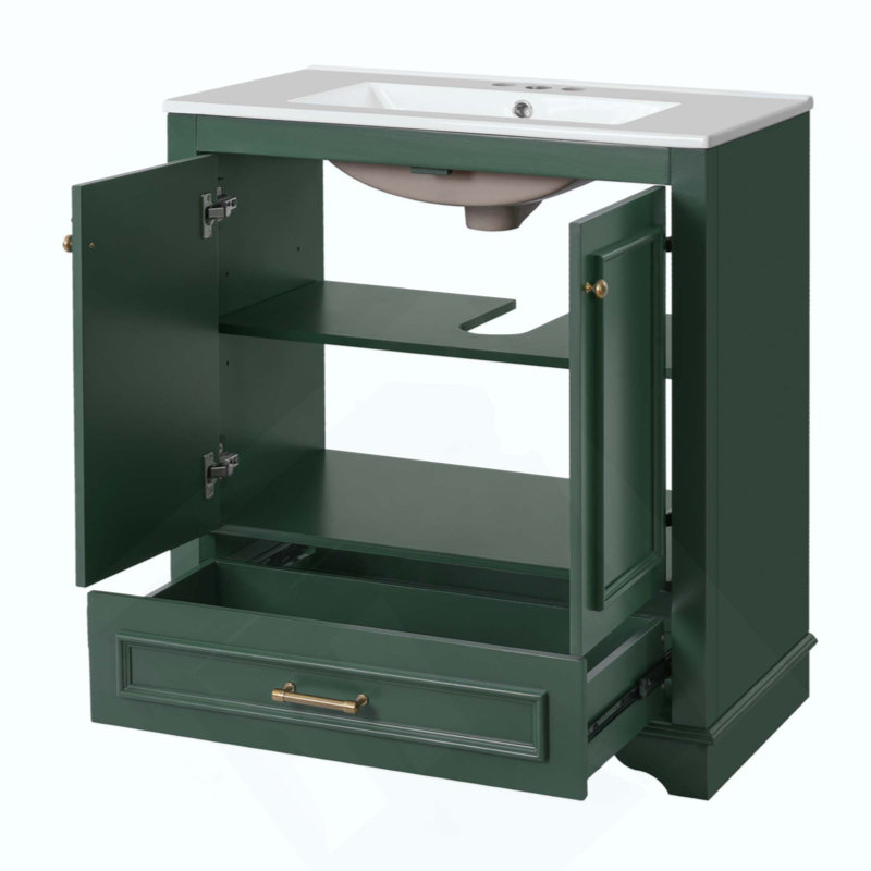 Meuble-lavabo luxueux avec lavabo en céramique, meuble-lavabo avec 2 grandes portes à fermeture douce, armoire de rangement en bois massif