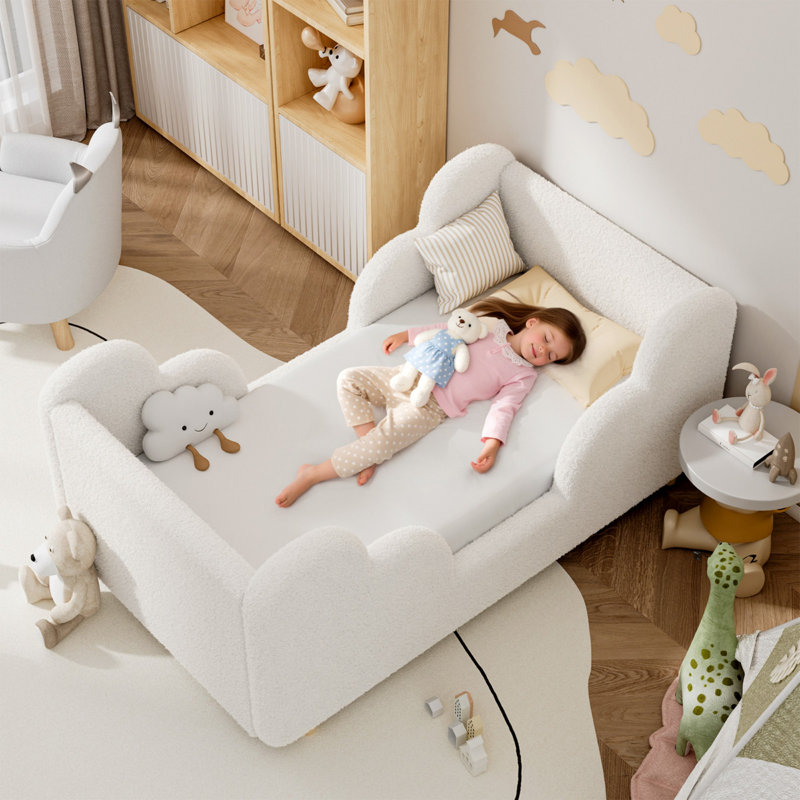 Kids Cloud Shape Bed with Upholstered Headboard, Child Safe Rounded Edges, Easy to Assemble, White