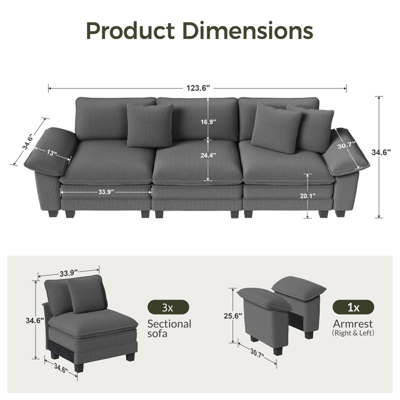 124" Modular Sectional Sofa, Comfy Cloud Couch For Living Room, 3-seater Deep Seat Sofa With Throw Pillow, Gray Corduroy