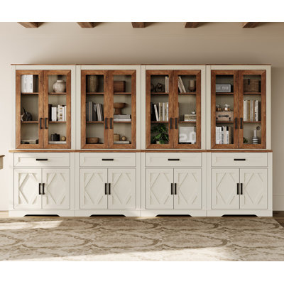 73" Tall Farmhouse 5-Tier Bookcase With Barn Door & Glass Door, Floor Standing Open Storage Bookshelf With Drawer, Display Organizer For Living Room & Home Office, White Oak