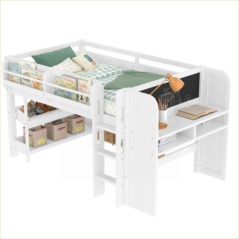 Petit lit simple mezzanine pour enfant avec cadre en bois multifonctionnel avec rangement intégré, bureau et tableau noir, blanc classique