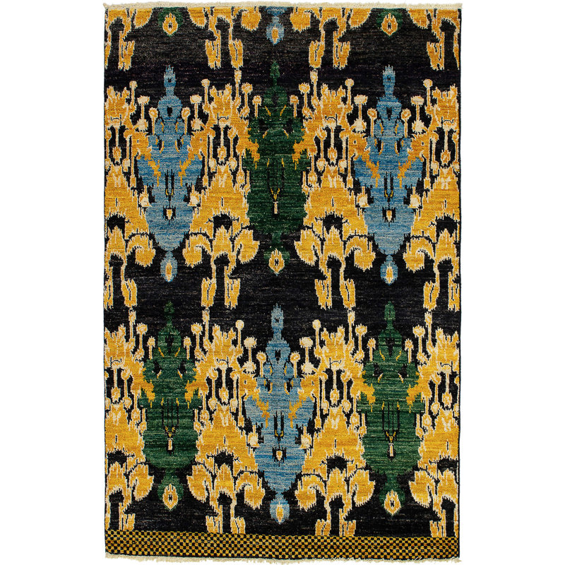 Tapis de bois one-of-kind-noué la 2010 shalimar noir/jaune/bleu 5 pi 1 po x 8 pi en laine 2 po Céline