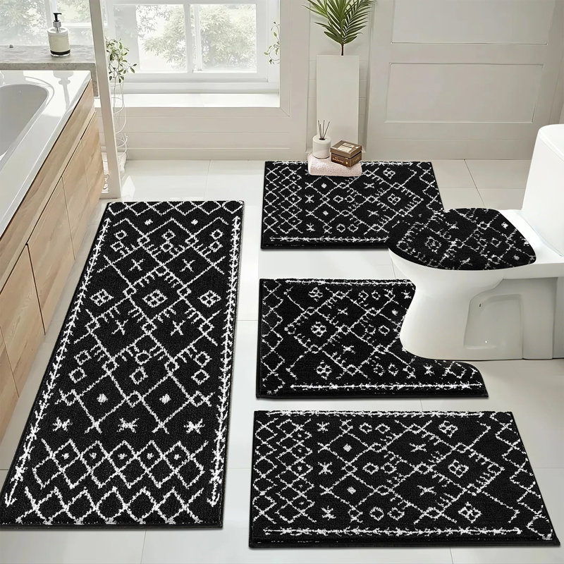 Absorbent Bath Rug Bathroom Mat(Set of 5), Black