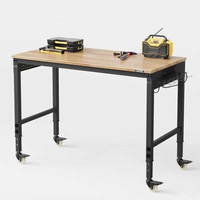 Heavy‑Duty 48 x 24 Inch Garage Workbench, 6‑Level Height Adjustable Workstation, 2000 lb Max Capacity, Solid Rubberwood Tabletop, ETL Power Ports, Lockable Swivel Wheels
