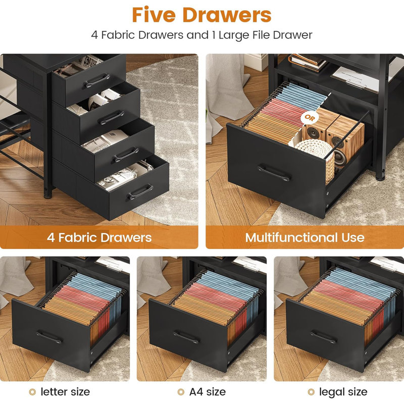 75'' Large Computer Desk with File Drawer & Power Outlet Led Lights, Black