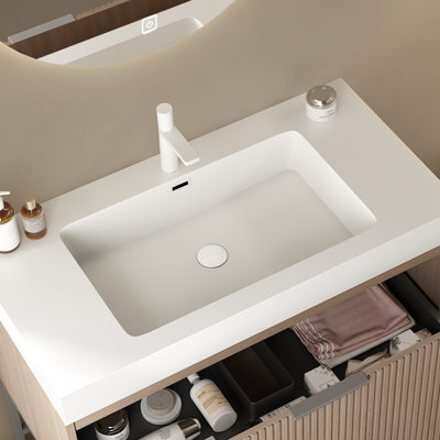 Lavabo de salle de bain 36 po - Sous-comptoir rectangulaire en surface solide blanche, scandinave moderne, résistance aux égratignures et à l'usure, entretien facile, trou de robinet et trop-plein, tuyau d'évacuation extensible avec couvercle d'évier