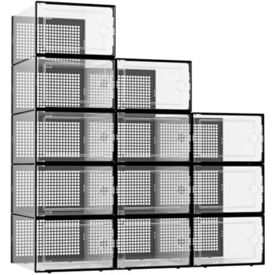 XX-Large Shoe Storage Boxes Organizers Clear Plastic Stackable 12 Pack, Shoe Rack & Holder Substitute, Sneaker Containers, Toy Storage Organizer Bins For Entryway, Closet, Under Bed, Black