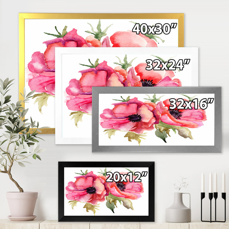 Fleurs de coquelicot stylisées - peinture sur toile, H 30 po x l 40 po x 1,5 po, Toile blanche encadrée