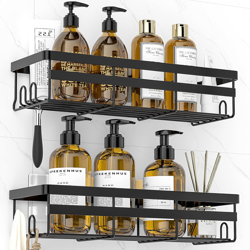 Ensemble de 2 paniers de douche adhésifs - Organisateur de rangement pour salle de bain et cuisine sans perceuse avec crochets, tablette en acier inoxydable antirouille pour shampooing, savon et articles de toilette