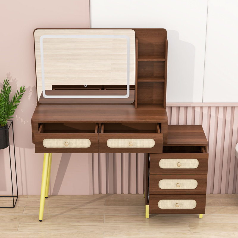 Meuble-lavabo 5 tiroirs avec miroir, éclairage réglable et tablettes de rangement, Brun