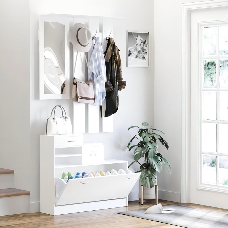 Armoire de chambre à coucher spacieuse avec armoire à chaussures, tablette suspendue, miroir en blanc mat moderne et vaste