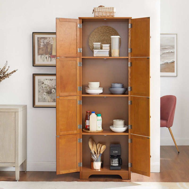 8 Doors 4 Shelves Oak Storage Cabinet, 72.4" Tall. For Different Spaces. Smooth Surface, Robust Build Places. Exterior, Construction