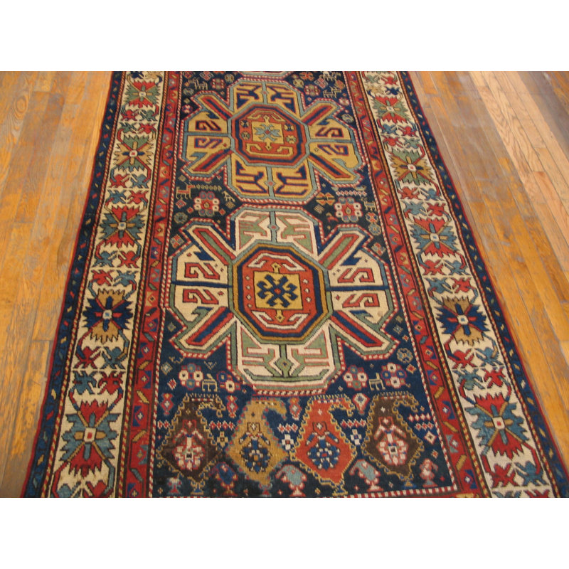 Antique Caucasian Allover Geometric Wool Hand Knotted Pile Blue 1880s Rug